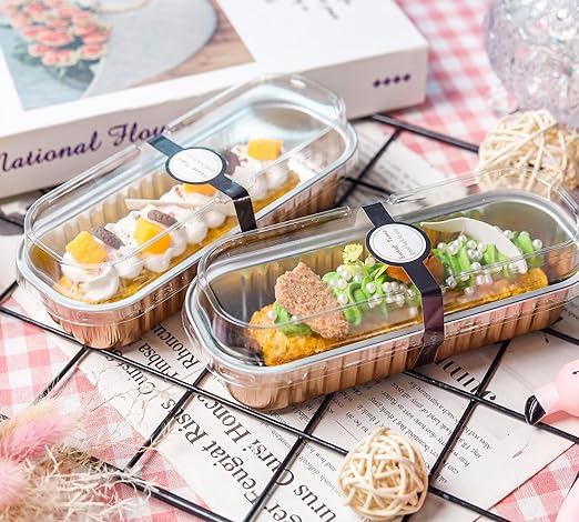 NPLUX 50 PACK Mini Cake Pans with Lids and Spoons, Rectangular Aluminum Foil Bread Pan, Mini Loaf Pans and Food Containers with Lids(Champagne, 6.8oz)
