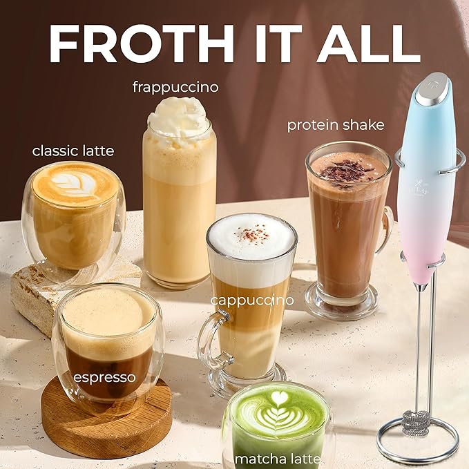 Zulay Kitchen Patented Tornado Triple Whisk Milk Frother with 4 Duracell Batteries – Handheld Foam Maker for Coffee, Lattes, Matcha & Hot Chocolate – Rich, Creamy Froth in Seconds - Orchid