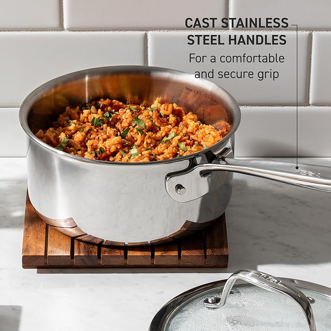 T-Fal Pro Tri-Ply Stainless Steel Saute Pan with Lid, 3 Quart, Induction Pot, Oven Safe 500F, Lid 350F, Deep Frying Pan, Fast & Even Heat, Professional Quality, Durable, Silver