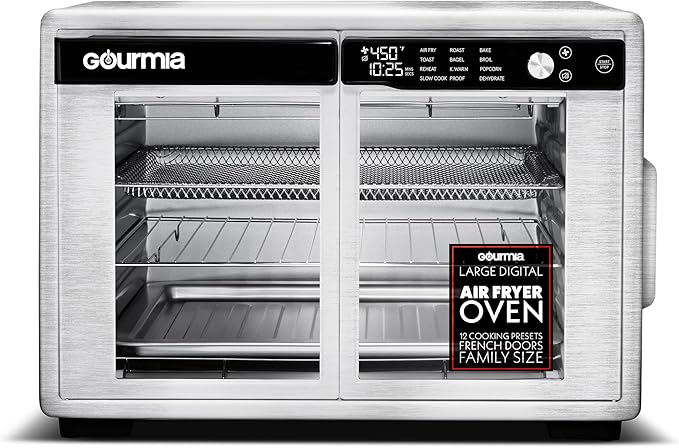 Gourmia French Door Digital Air Fryer Oven - XL 37QT Capacity, 12 Presets, FryForce 360° Tech, Dehydrate, Proof, Slow Cook, Fits 13” Pizza, 1700W, Stainless Steel