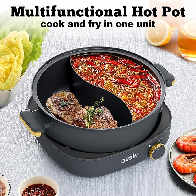 Dezin Hot Pot Electric with Divider, 4L Electric Shabu Shabu with Dual-Flavor Pot,3.7" Depth Nonstick Dual Side with Multi-Power Control for Party, Family and Friend Gathering