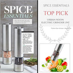 Electric Salt and Pepper Grinder Set - Stainless Steel Battery Operated Salt & Pepper Mills with Light (Pack of 2) - Automatic One Handed Operation Adjustable Ceramic Grinders