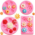 Puyeipt 4 Pcs Flower Silicone Fondant Molds, Daisy Rose Flower Chocolate Candy Molds for Cupcake Topper, Cake Pop Decoration and Clay Craft Making