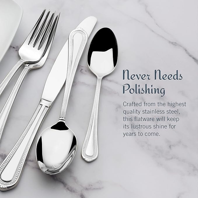 Mikasa Regent Bead 65-Piece Silverware Set, 18/10 Stainless Steel Flatware Service for 12, Includes 5 Serving Tools, Dishwasher Safe Polished Cutlery