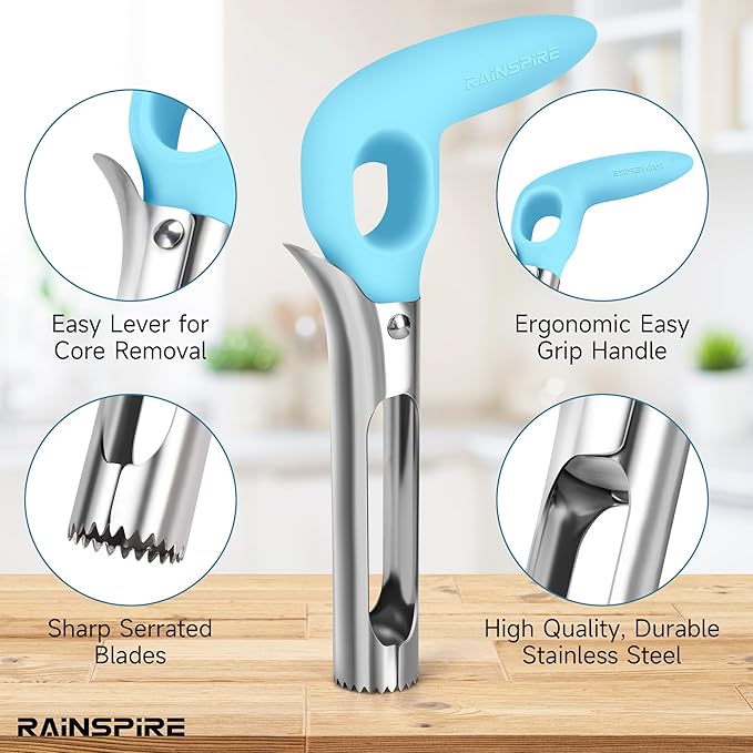 Rainspire Apple Corer Tool Kitchen Apple Core Remover Stainless Steel Comfortable Nonslip Handle, Dishwasher Safe, Blue