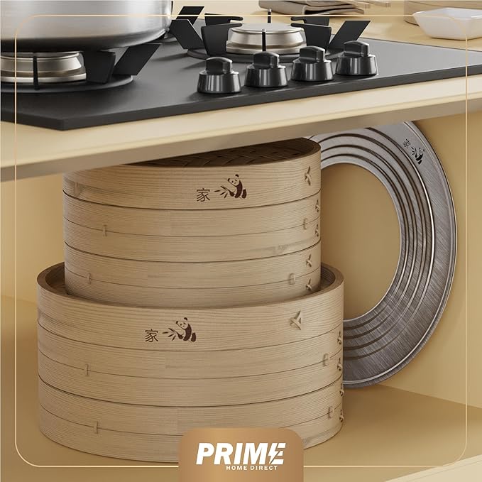 Prime Home Direct Bamboo Steamer Basket 12-Inch | 2-Tier Steamer for Cooking | 50 Liners, Chopsticks, Sauce Dish | Steaming Asian Food, Bao Buns, Chinese, Dim Sum, Dumpling, Rice, Vegetable Steam Pot