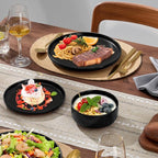 E-far 24-Piece Stoneware Plates and Bowls Sets, Dinnerware Sets for 8, Ceramic Dishware Dishes Set with Terracotta Base, Chip & Scratch Resistant, Microwave & Dishwasher Safe, Matte Black