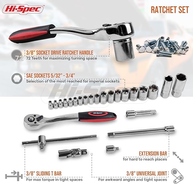 Hi-Spec Tools 67pc SAE Auto Mechanics Hand Tool Kit Set. Complete Car, Motorcycle, Engine & Garage Repairs with Sockets, Ratchet Wrench, Pliers & More