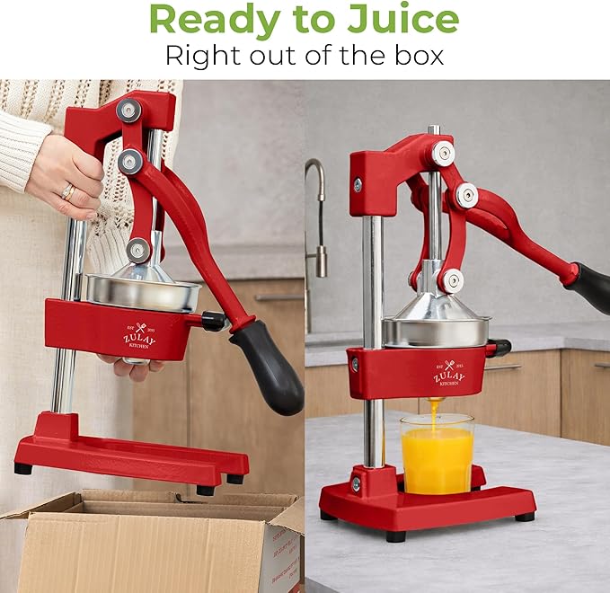 Zulay Kitchen Cast Iron Juicer - Easy-to-Clean Heavy-Duty Manual Juicer, Professional Citrus Juicer - Stainless Steel Lemon Squeezer - Manual Citrus Press & Orange Squeezer - Orange Juicer - Deep Red