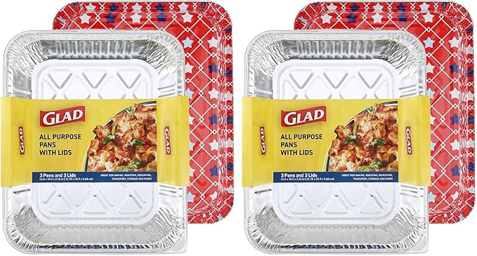 Glad Disposable Aluminum All Purpose Pans in Red, White & Blue Stars, 3ct with Lids - Printed Colorful Foil Steam Pans - 12.5” x 10.2” x 2.16” Aluminum Pan - Disposable Steamware (Pack of 2)
