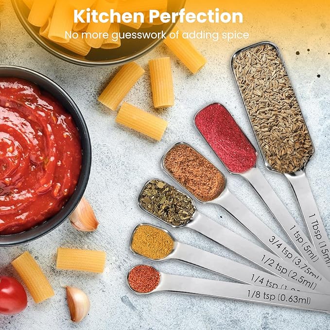 Stainless Steel Measuring Spoons Set of 8, Rectangular Metal Measuring Spoons with Leveler, Compact Spoons Design for Narrow Spice Jars, Teaspoon & Tablespoon Spoons for Dry & Liquid Ingredients