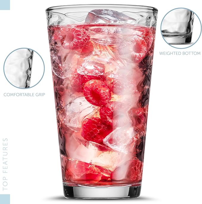 Biscayne Glassware Set, 24-Piece, Mixed Sizes with 16oz Cooler, 13oz DOF, 7 oz Juice and 3oz Shot Glasses - 6 Each Size = 24 Glasses