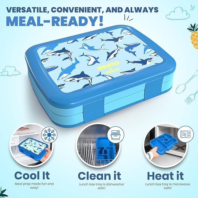 YOLAY Bento Box for Kids Lunch Box Leak-Proof, 5-Compartment Lunch Box Kids for Ages 3-10, Durable with Anti-Slip Base, Suitable for Schools, Outdoor and Travel (Mermaid) (Shark)