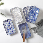 Selamica Ceramic Rectangular Salad Plates Set of 4, 8 Inch Small Serving Plates for Appetizers, Sushi, Fruit, Vintage Blue