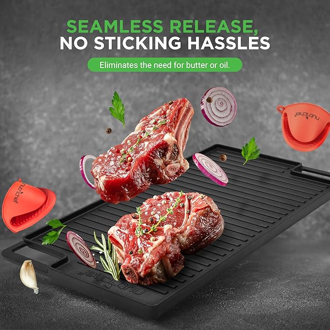 NutriChef Cast Iron Reversible Griddle 18x10 Inch – Pre-Seasoned Flat Top & Ridged Grill Side, Stove Top Griddle for Gas Grill, Outdoor & Indoor Cooking