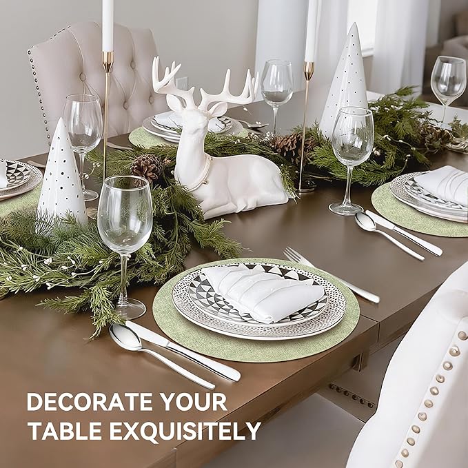 13" Round Placemats Set of 6, Reversible Faux Leather Heat Resistant Table Mats, Waterproof Oilproof Wipeable Table Protective Placemats for Vinyl, Washable for Indoor & Outdoor Use (6, Light Green)