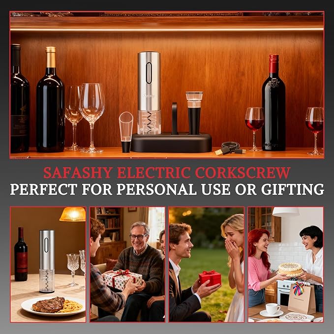 5 IN 1 Rechargeable Electric Wine Opener, Stainless Steel Automatic Bottle Corkscrew with Foil Cutter, Vacuum Stopper, Wine Pourer, One Touch Bottle Winer Gift Set for Christmas, Party