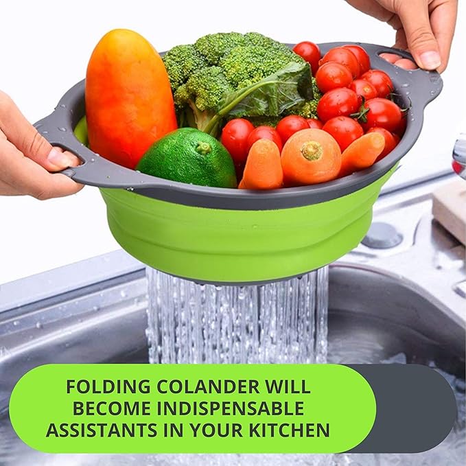 Green Kitchen Strainer Colander Set - 2 PCS Multifunctional Colander Silicone Food Strainers for Kitchen for Pasta and Spaghetti Collapsible with Plastic Handles