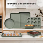 8-Piece Nonstick Bakeware Set, Stackable Oven Pan Set Includes Baking Sheet, Muffin Pan, Cake Pan, Square Pan, Loaf Pan, Cookie Sheet & Cooling Rack (Ceramic Coated Green)