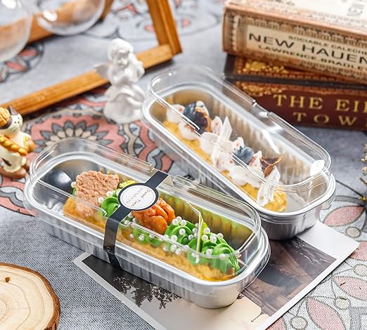 NPLUX 50 PACK Mini Cake Pans with Lids and Spoons, Rectangular Aluminum Foil Bread Pan, Mini Loaf Pans and Food Containers with Lids(Silver, 6.8oz)