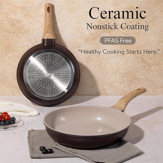 CAROTE 21 PCS Ceramic Cookware Set, Pots and Pans Set Non Stick, Pot and Pan Set with Frying Pan, Induction Ready Cooking Set for Kitchen, PFOS/PFOA/PFAS Free, Brown