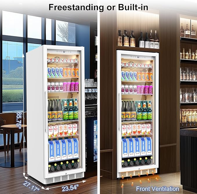 Commercial Display Refrigerator with Glass Door, Upright Beverage Cooler Merchandiser with Reversible Door, Drink Fridge with Door Lock for Restaurant Supermarket Convenience Store, 13.8 Cu.Ft