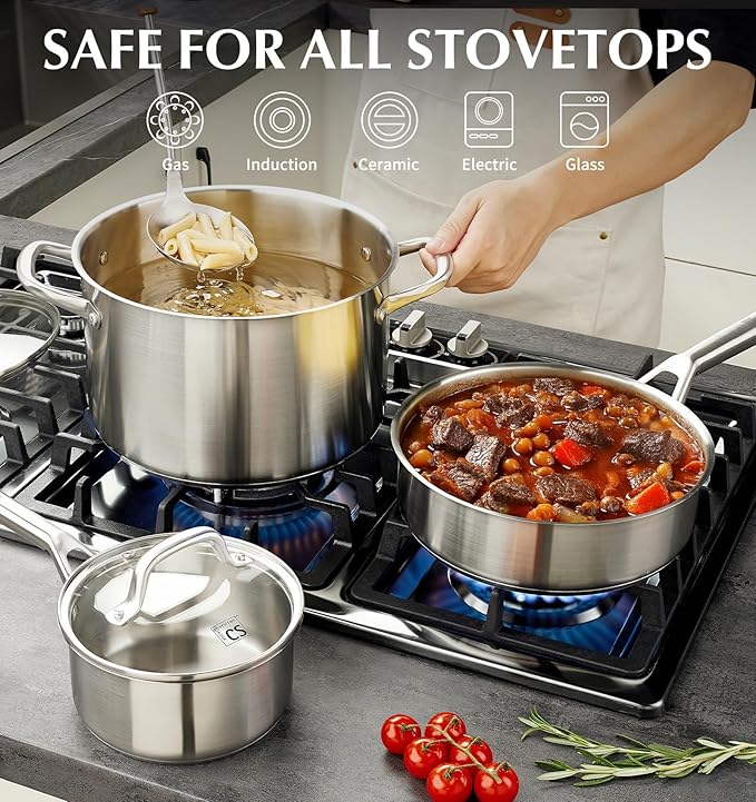 KOCH SYSTEME CS Stainless Steel Cookware Set 17 Piece, Professional 18/10 Stianless Steel Pots and Pans Set, 5-Layer Stainless Base, Oven Safe, Induction Ready, Non-Toxic Kitchen Cookware Set