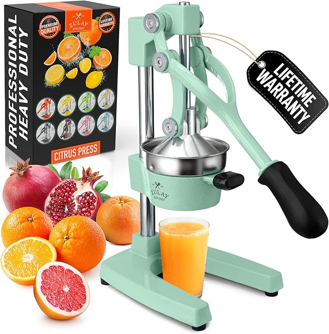 Zulay Kitchen Cast Iron Juicer - Easy-to-Clean Heavy-Duty Manual Juicer, Professional Citrus Juicer - Stainless Steel Lemon Squeezer - Manual Citrus Press & Orange Squeezer - Orange Juicer – Mint
