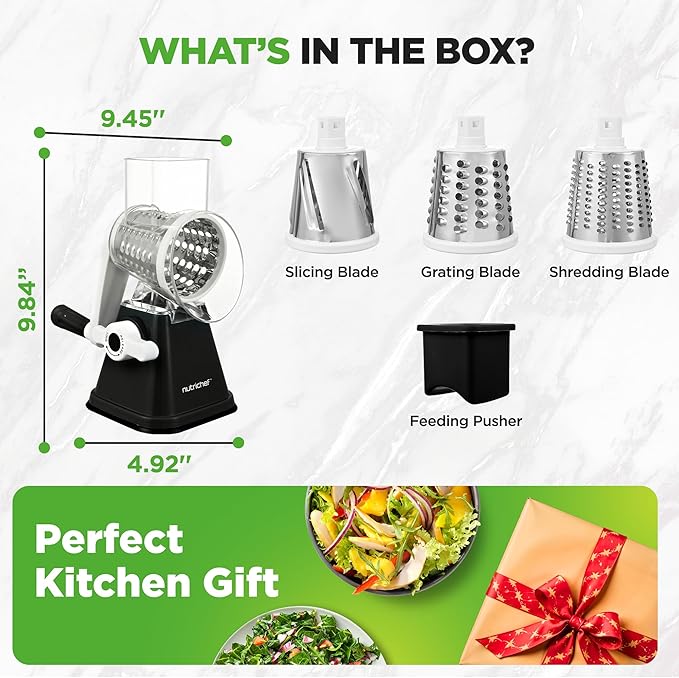 Nutrichef 3 in 1 Cheese Grater & Shredder | Strong Suction Base, Rotary Handle with Safety Lock | Includes Hand Crank & 3 Drum Blades for 3 Textures, Fine, Medium & Strips | Black
