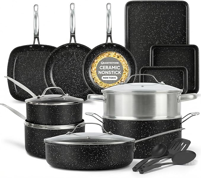 Granitestone Ceraluxe 20 Pc Ceramic Cookware Set Nonstick, Complete Pots and Pans Set Non Stick for Kitchen with Bakeware, Utensils & Steamer, Non Toxic Made Without PFOA PFOS, Oven & Dishwasher Safe