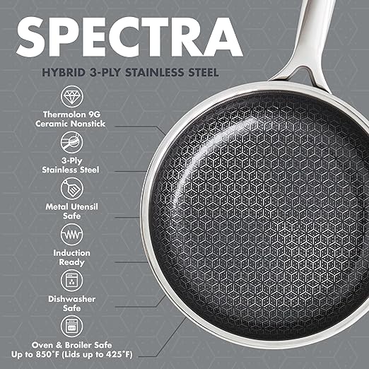GreenPan Spectra 8" Frying Pan Skillet, Hybrid Tri-Ply Stainless Steel, PFAS-Free Ceramic Nonstick Textured Cooking Surface, Induction Cookware, Diswasher Safe, Oven & Broiler Temp to 850˚F
