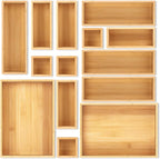 Bamboo Drawer Organizer Set, 14 PCS Multi-Use Individual Wood Storage Organizers, Junk Drawer Divider and Storage Trays Containers for Kitchen, Bathroom, Office Desk, Makeup, Jewelry, Utensils