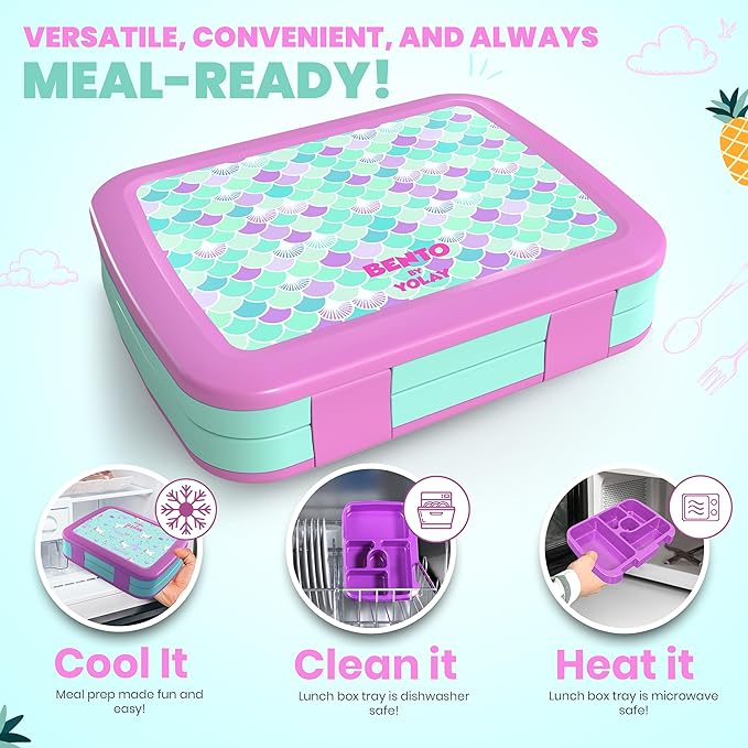 YOLAY Bento Box for Kids Lunch Box Leak-Proof, 5-Compartment Lunch Box Kids for Ages 3-10, Durable with Anti-Slip Base, Suitable for Schools, Outdoor and Travel (Mermaid) (Scallop)