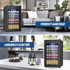 17Inch Beverage Refrigerator and Cooler Freestanding, 96 Cans Mini Fridge with glass door and Lock, Small Drink Fridge for Soda, Beer, Wine, For Home Bar Office with LED Light