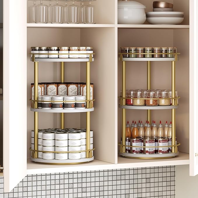 Yatiney 3-Tier Lazy Susan, Rotating Spice Rack, Spinning Organizer, Industrial Turntable Spice Rack for Cabinet, Kitchen Countertop, Pantry, White and Gold SR23DW