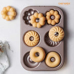 CHEFMADE Donut Mold Cake Pan, 6-Cavity Non-Stick Pattern Doughnut Bakeware for Oven Baking (Champagne Gold)