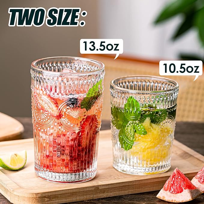 Vintage Drinking Glasses Set of 12, Textured Clear Striped Glass Cups-6 Highball Glasses 13oz & 6 Rocks Glasses 10oz, Ribbed Glassware Set, Mojito Cups, Cocktail Glass, Iced Coffee Cup