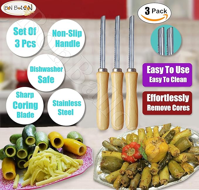 Zucchini Squash Vegetable Corer 3 pcs Corers Stainless Steel Core Remover Tool Kitchen Stuffed Vegetables Veggies Seed Remover Remove Seeds Eggplant Cucumber 8" Long Coring Tools Gadgets Drill