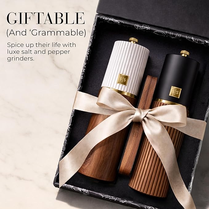 Wooden Salt and Pepper Grinder Set – Refillable Manual Salt and Pepper Mills with Adjustable Ceramic Burrs, Gold Detailing, and Wood Stand – White, Black and Acacia