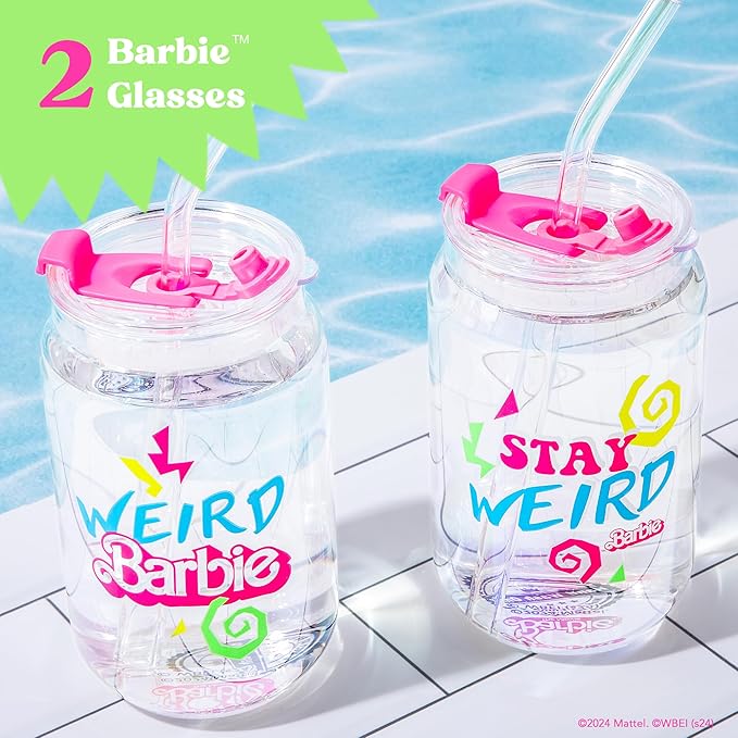 Dragon Glassware x Barbie The Movie - 16 oz Glass Cups with Lids and Straws, Set of 2 - Iced Coffee Cups with Lids - Versatile Glass Tumbler with Straw and Lid for Hot or Cold Drinks - Weird Barbie