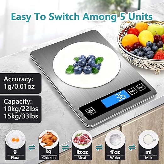 Food Kitchen Scale, Digital Food Scale 33lb Digital Kitchen Scale 1g/0.1oz Precisely Measures Grams and Ounces for Meal Prep Baking and Cooking, Rechargeable 304 Stainless Steel Kitchen Scale