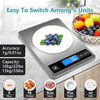 Food Kitchen Scale, Digital Food Scale 22lb/10kg Digital Kitchen Scale Precisely Measures Grams and Ounces for Meal Prep Baking and Cooking, Coffee, 304 Stainless Steel Kitchen Scale LCD Display