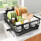 Dish Drying Rack - Rust Resistant Dish Drainer for Kitchen Counter with Drainboard & Rotating Spout, Large-Capacity Dish Rack with Removable Utensil Holder, Space-saving kitchen organizer, Black