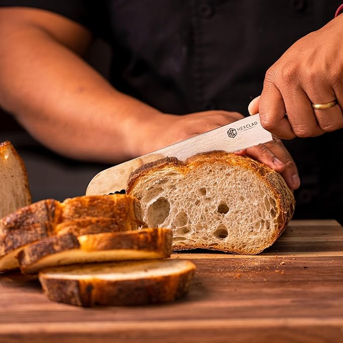 HexClad Bread Knife, 8-Inch Japanese Damascus Stainless Steel Blade, Pakkawood Handle