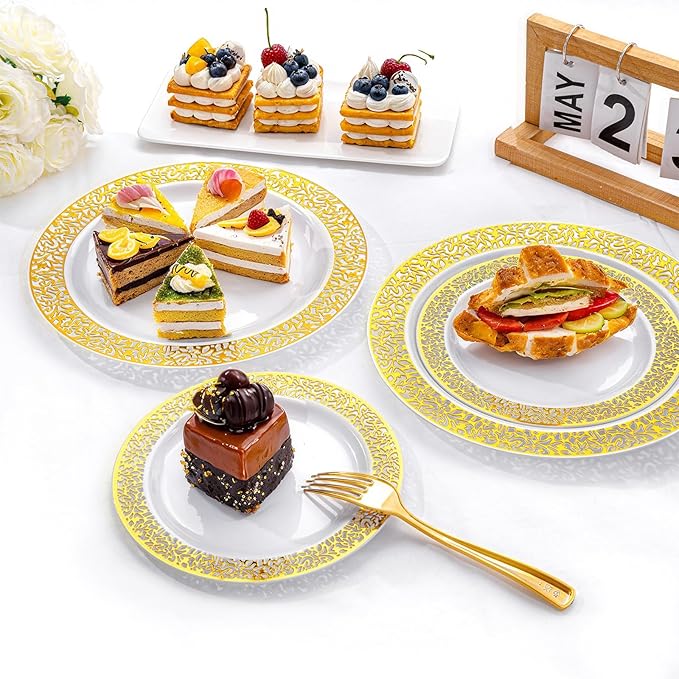 I00000 200 Pcs White and Gold Plastic Plates, Disposable Plastic Plates for 100 Guests Include: 100 Pcs Dinner Plate 10.25” and 100 Pcs Dessert Plate 7.5” Perfect for Party and Wedding