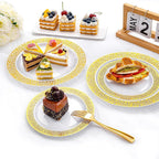 I00000 200 Pcs White and Gold Plastic Plates, Disposable Plastic Plates for 100 Guests Include: 100 Pcs Dinner Plate 10.25” and 100 Pcs Dessert Plate 7.5” Perfect for Party and Wedding
