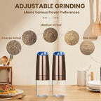 Gravity Electric Salt And Pepper Grinder Set, Automatic Salt And Pepper Grinder Set, Battery Powered (6 AAA Batteries Each), Adjustable Roughness, LED Light, 2 Pack, (Copper)