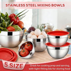 E-far Mixing Bowls With Lids Sets of 5, 10-Piece Stainless Steel Salad Metal Nesting Bowl for Baking Cooking and Prepping, Airtight Lid & Stackable Design, Size 4.6, 3, 2.1, 1.5, 0.7 QT, Red
