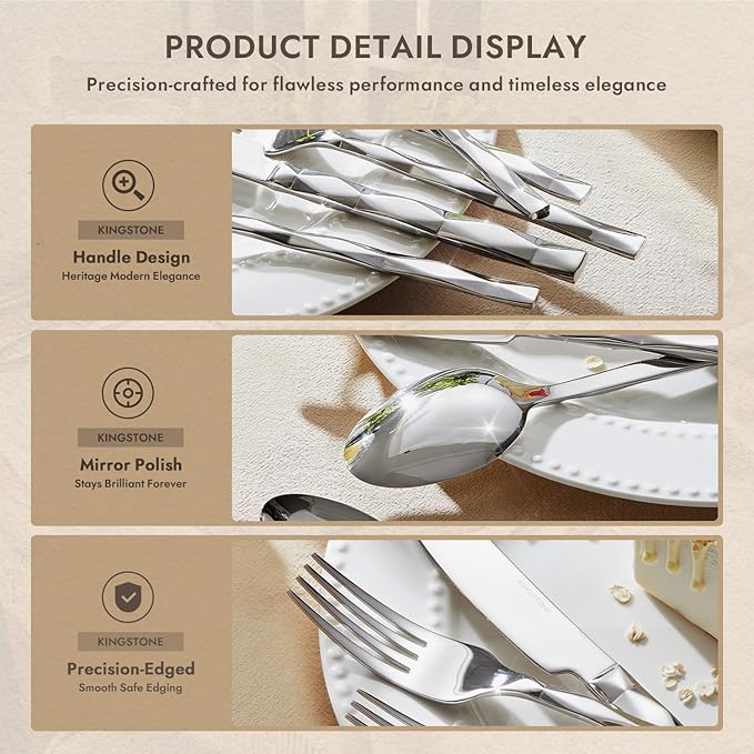 KINGSTONE Silverware Set, Luxury 40 Piece Flatware Set for 8, 18/10 Stainless Steel Cutlery Set with Diamond Cut Pattern for Kitchen, Home, Wedding, Party, Mirror Polished and Dishwasher Safe