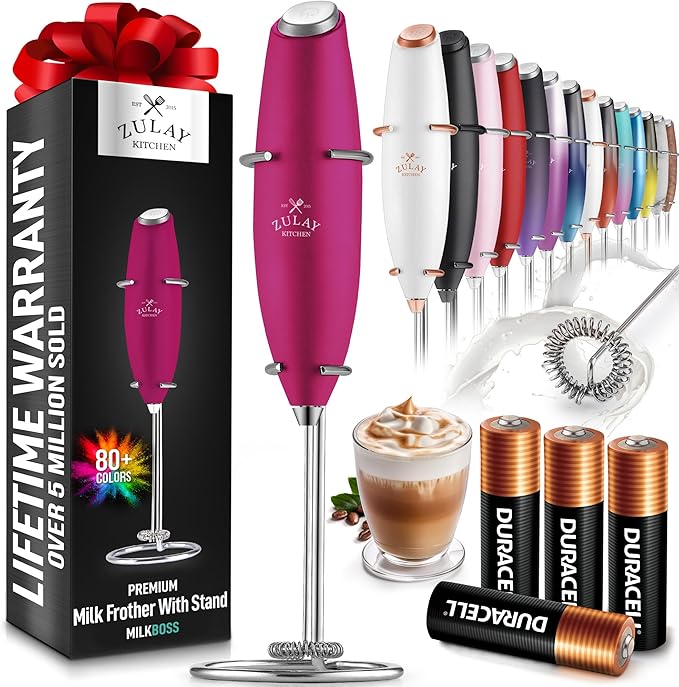Zulay Kitchen Powerful Milk Frother Wand With 4 AA Duracell Batteries - Ultra Fast Handheld Drink Mixer - Electric Whisk Foam Maker for Coffee, Lattes, Cappuccino, Matcha & Creamer - Dragonfruit